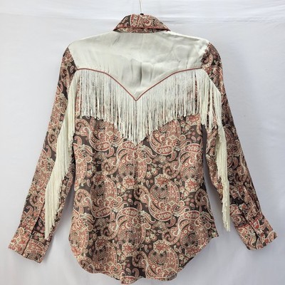 Scully Western Shirt Women's S Pearl Snap Buttons & Fringe Brown Orange Dollies