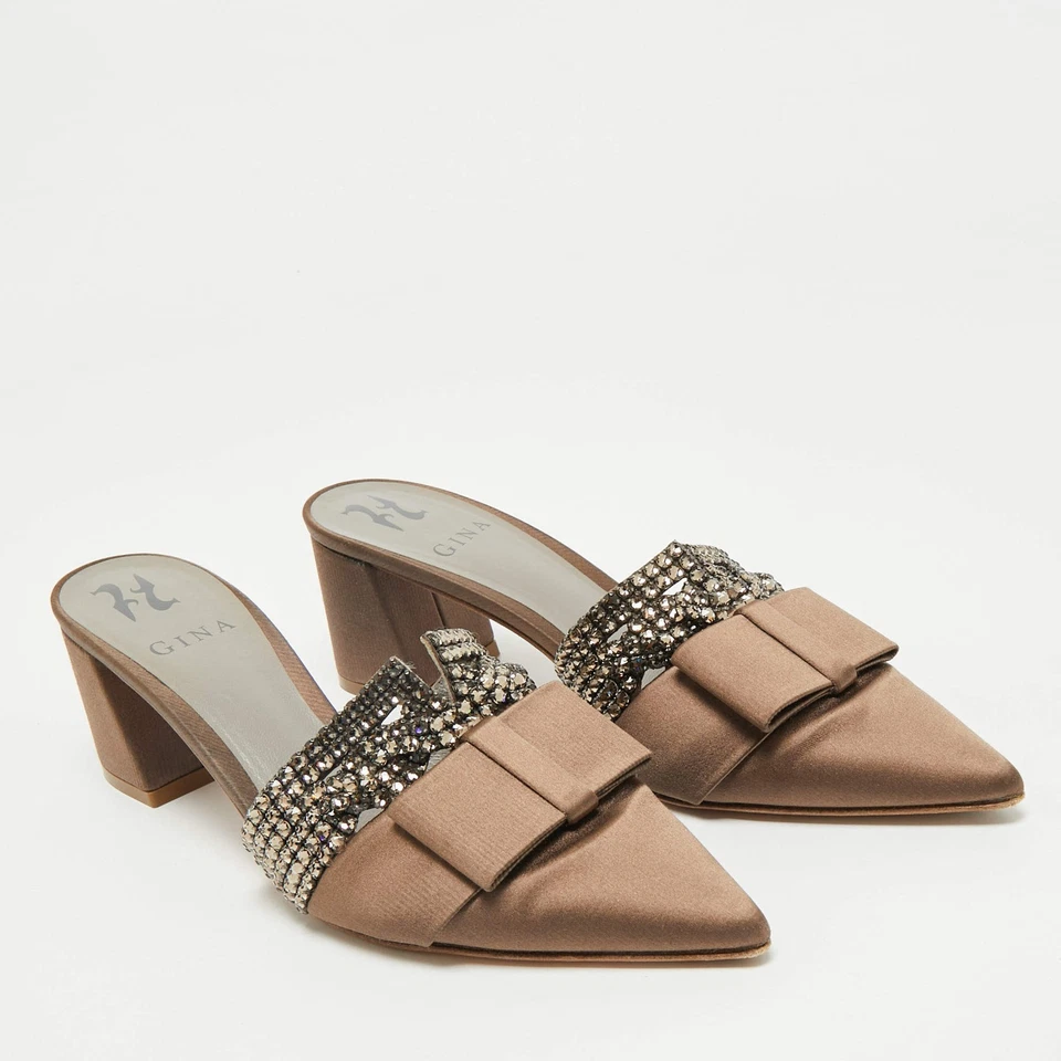 Gina Brown Satin Crystal Embellished Chachki Block Heel Mules Size 38 - Image 4 of 4