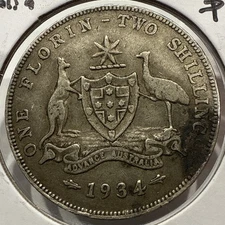 1934 One Florin Australia Silver Two Shillings Coin