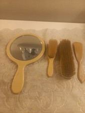 Vintage Celluloid Bakelite Vanity Set Hand Held Mirror, 2 Brushes Shoehorn