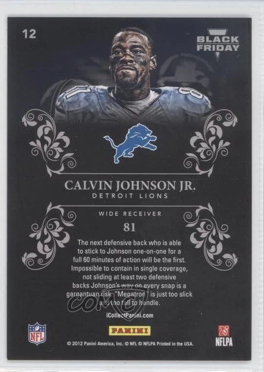2012 Panini Black Friday Panini Collection Calvin Johnson Jr #12 HOF - Image 2 of 2