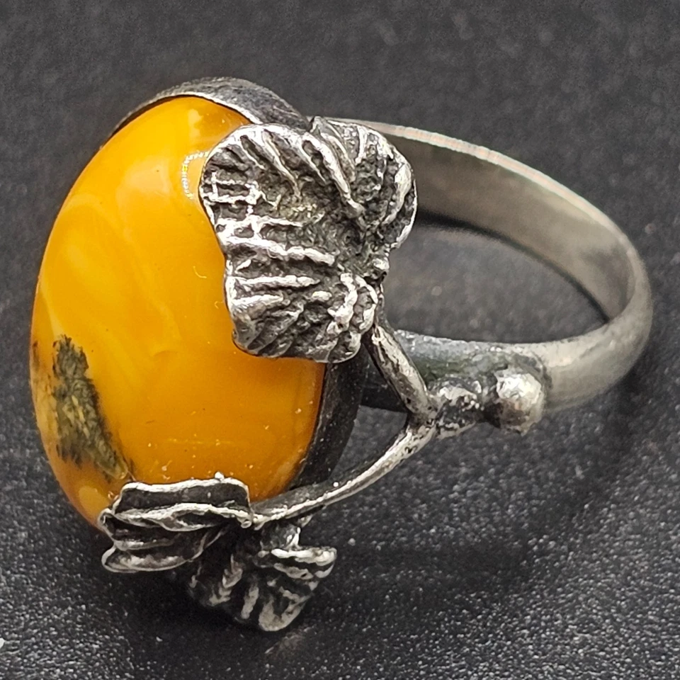 Bernstein Butterscotch Ring Silber Jugendstil Motiv Blatt 925 Vintage RW54 - Bild 2 von 4