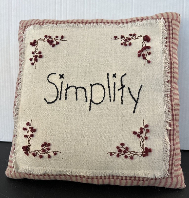 Vintage Accent Pillow Red and Cream Stripe with Embroidery "Simplify " 13" x 13"