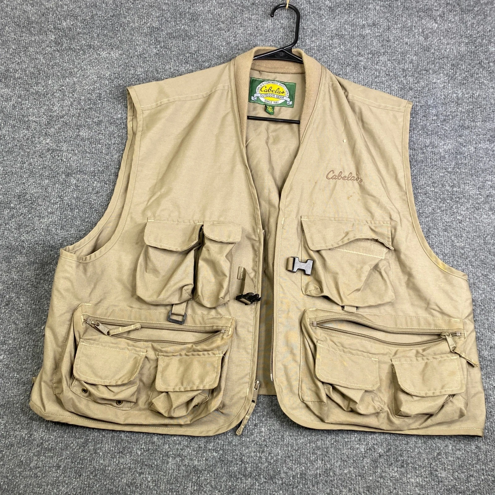Cabelas Mens XL Tan Fishing Hunting Utility Vest Multi-Pocket Canvas Outdoor Fly