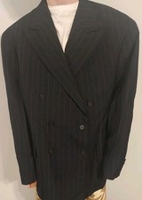 VTG Polo Ralph Lauren Wool USA Pinstripe Double Breasted Blazer 44R Dark Navy
