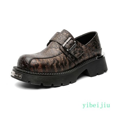 Men's Wide Leather Dress Shoes Platform Thick Sole Metal Embossed Monk Strap Man