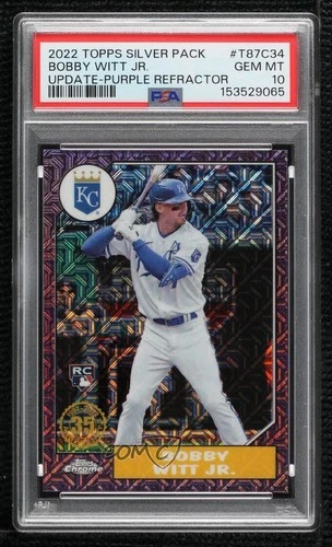 2022 Topps Update 1987 Chrome Purple Mojo 3/75 Bobby Witt Jr PSA 10 Rookie RC