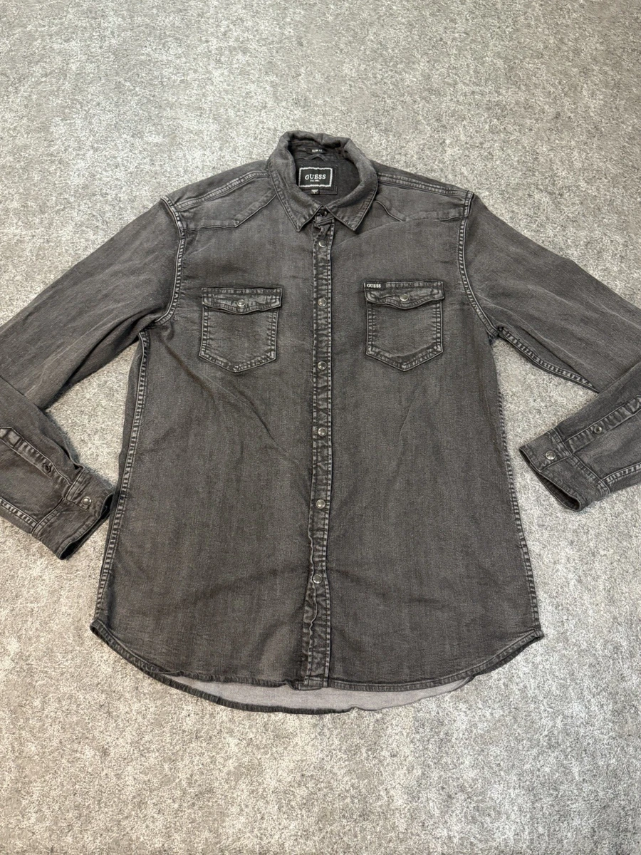 Camisa occidental Guess ajustada negra denim frontal a presión grande para hombre