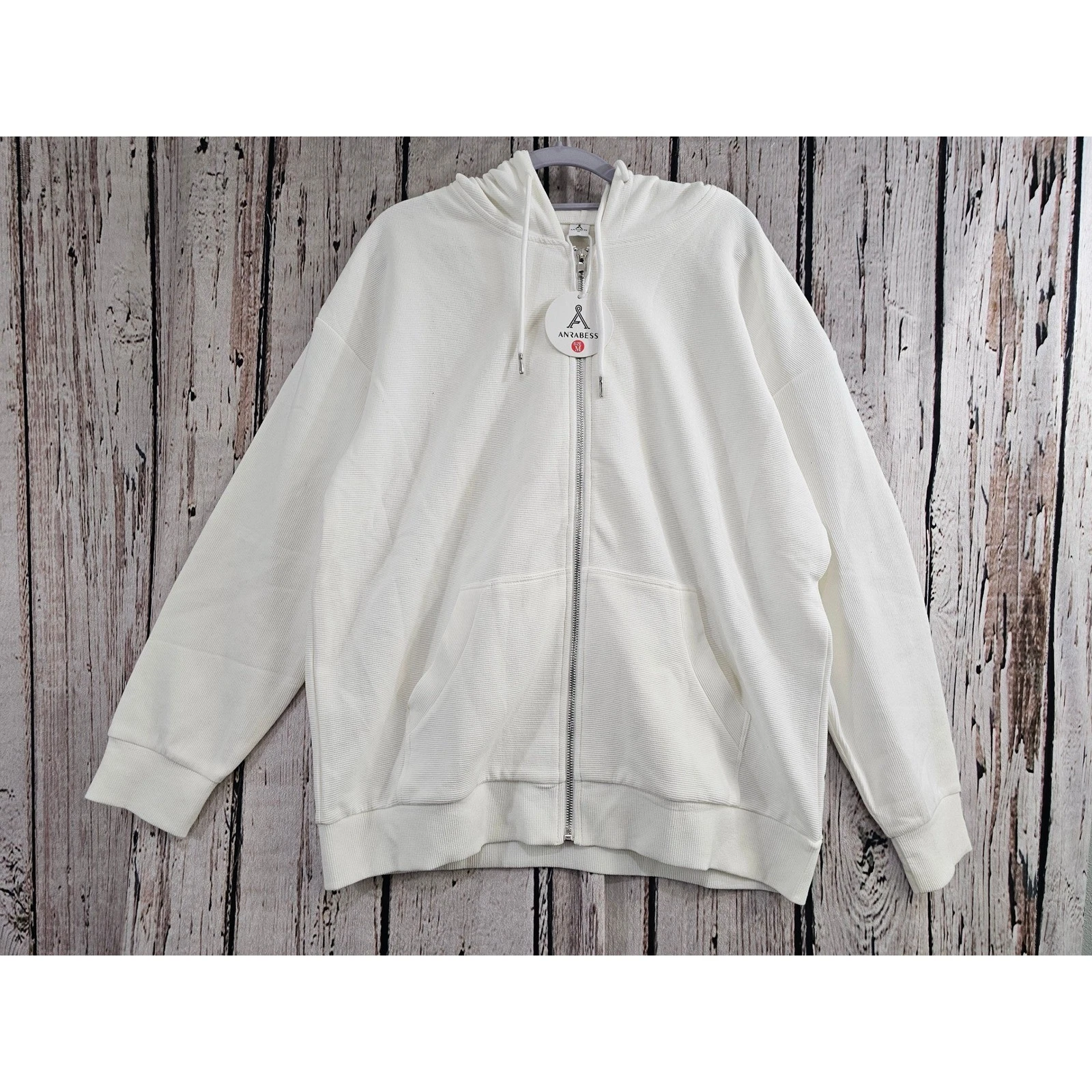 Anrabess Full Zip Hoodie womens Size M White Solid Ribbed Knit Hooded Sweatshirt