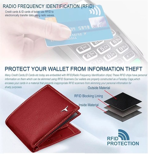Genuine Leather Slim Men's Bifold Center Flap RFID Blocking Charlie Red Wallet - Picture 6 of 6