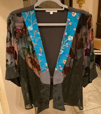 Spencer Alexis Kimono Jacket Top Large Teal Wine Green Black Burnout Velvet