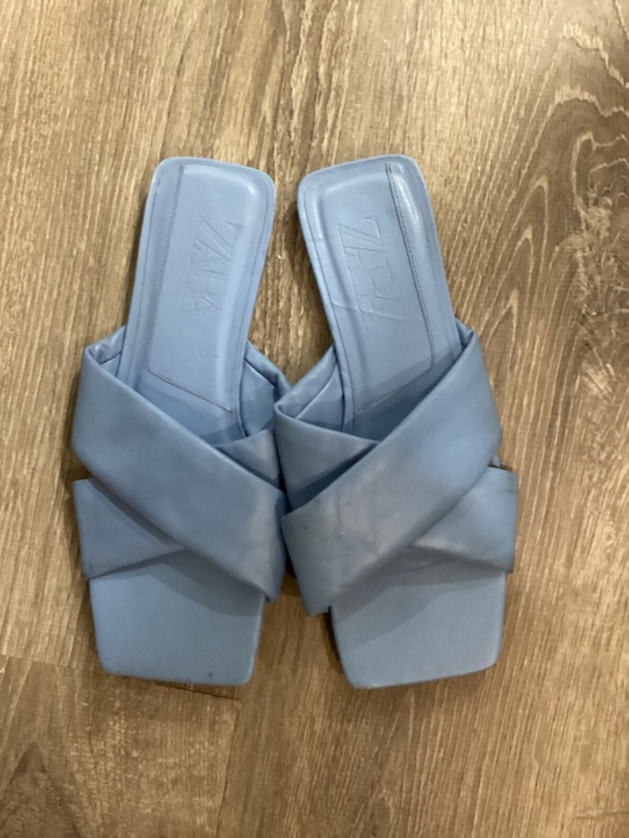 ZARA Flat Padded Light Blue leather sandals pre-owned