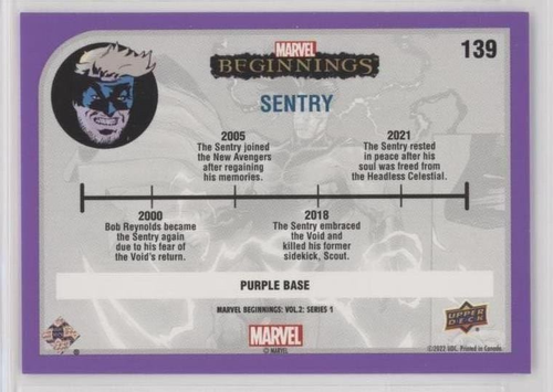 2022 Upper Deck Marvel Beginnings Vol 2 Series 1 Purple Sentry #139 - Picture 2 of 2