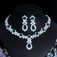 White Gold Plated Cubic Zircon Green Leaf Dangle Necklace Earrings Jewelry Set