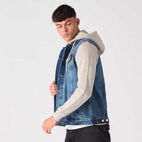 JMOJO Mens Denim Hooded Jacket Warm Trucker Durable Hoodie Winter Sleeves Coat - Picture 29 of 33