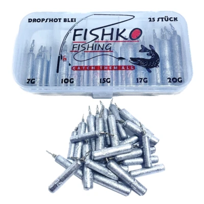 FISHKO Drop Shot Blei Set 25 Stück 7g/10g/15g/17g/20g je 5 Stk Box Stabblei Klemmblei