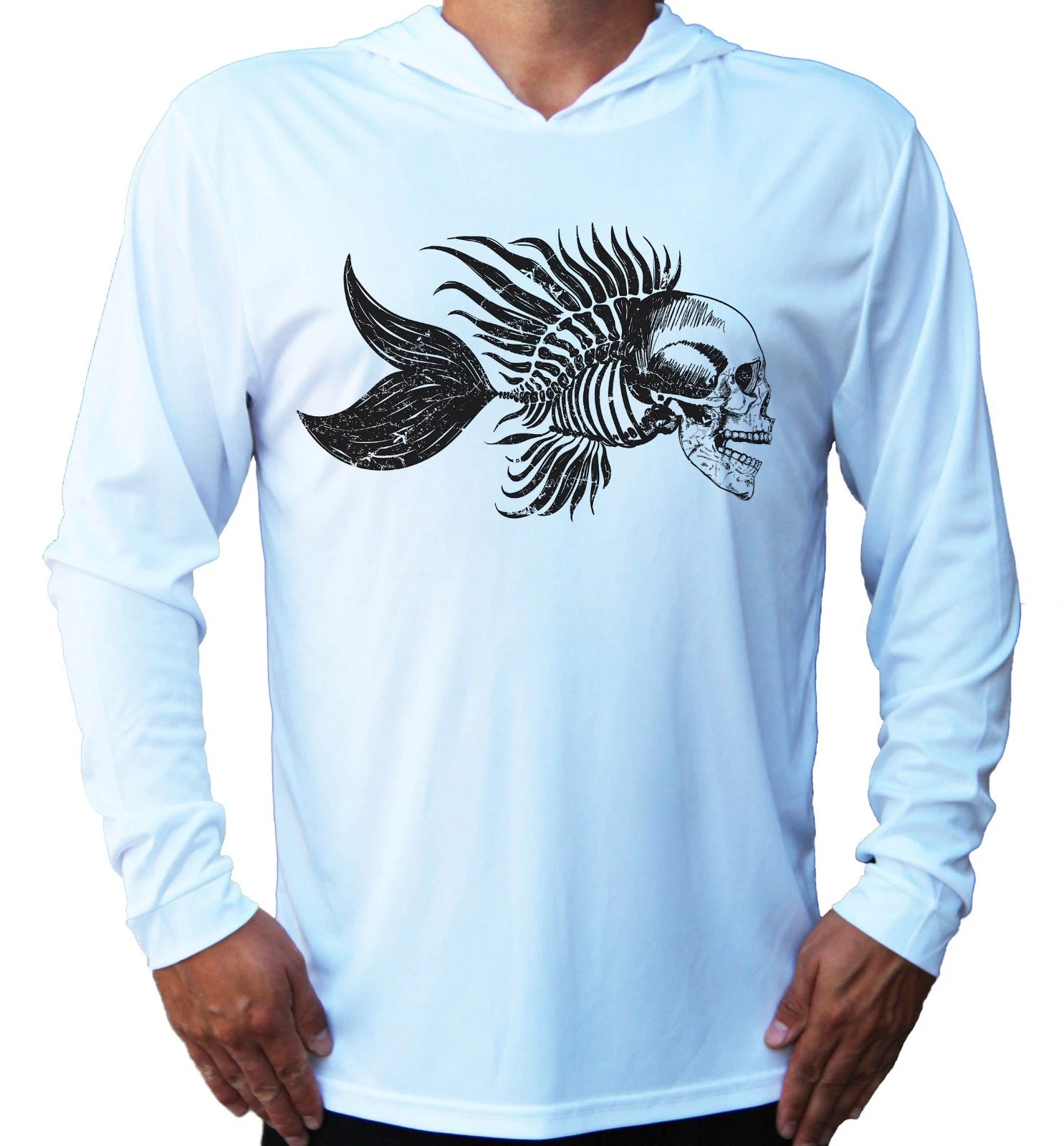 Fish Skeleton Art UV Protected UPF 50 Long Sleeve Fishing Boat Sport Hooded Hood