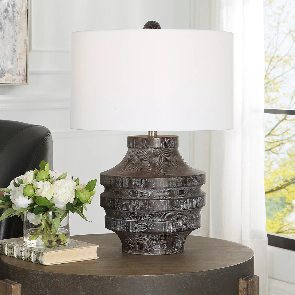 Fat Rustic Black Faux Wood Table Lamp 24 in Ribbed Carved Grain Organic Look - Image 2 of 4