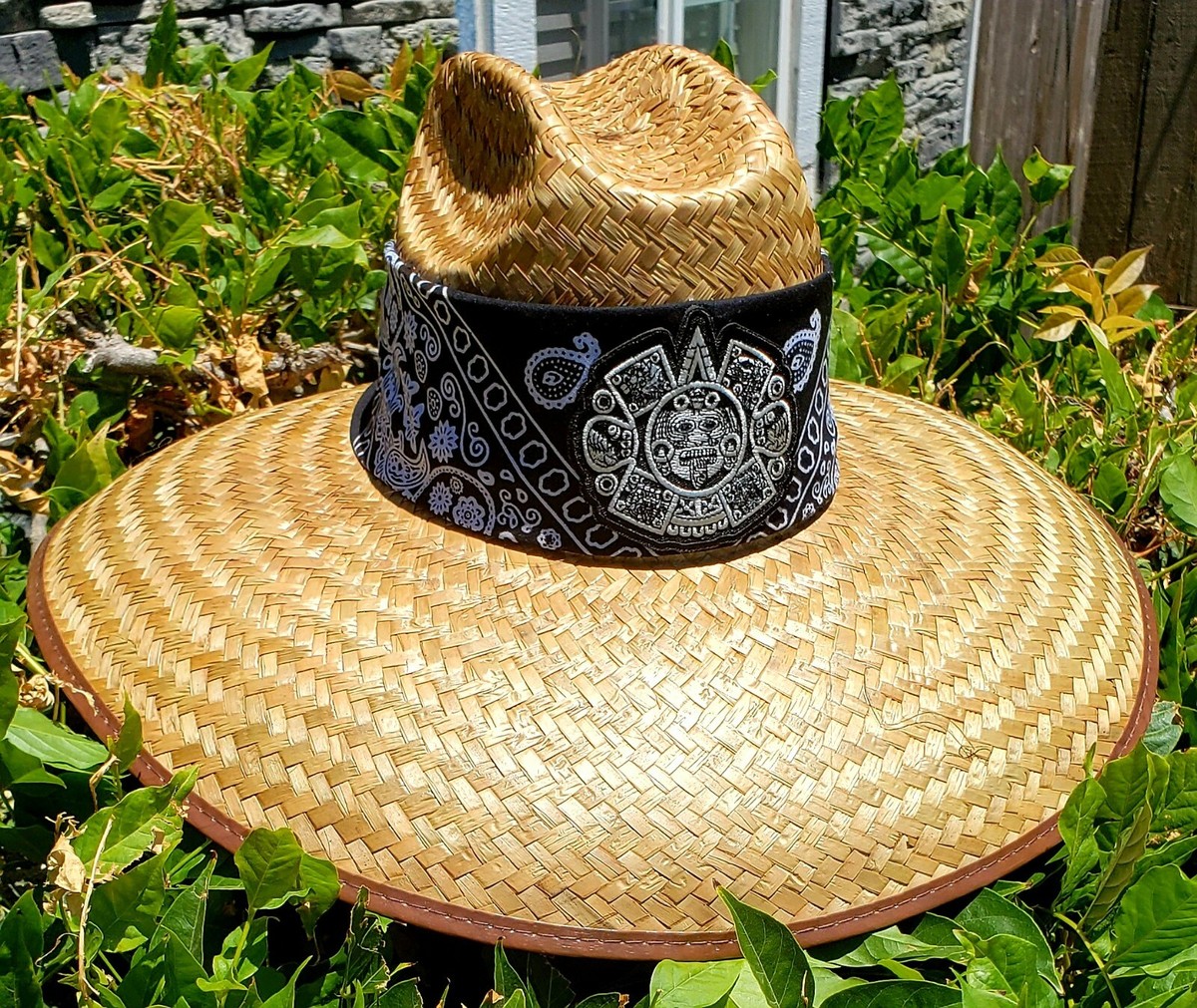 Aztec Black Bandana XL Wide Brim Bamboo Straw Summer hat 