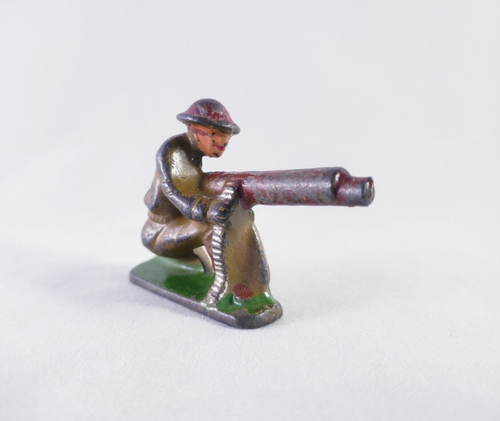 Vintage Grey Iron Toy Soldier Machine Gunner Red Gun & Helmet Cast Iron Figure