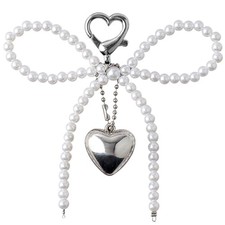 Bow Keychain Accessories Silver Heart Pendant Pearl Bow Key Chain Phone Charm