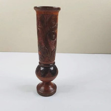 Hand Carved Wooden Vase Tall Floral Leaf Design Brown Wood Rustic Boho Decor