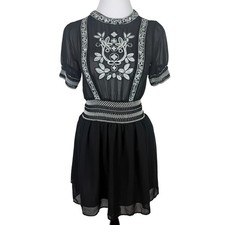 Zara Women's XS Black Embroidered Chiffon Mini Dress Short Sleeve Floral Boho