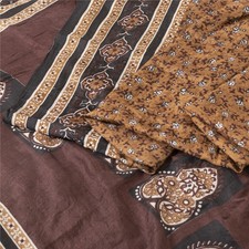 Sanskriti Vintage Brown Sarees Pure Silk Printed Sari Craft 5 Yard Soft Fabric