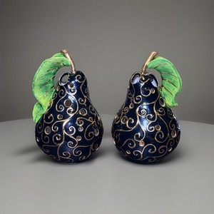 Vintage Black Gold Ceramic Pear Tea Light Candle Holders Pierced Fruit Set of 2