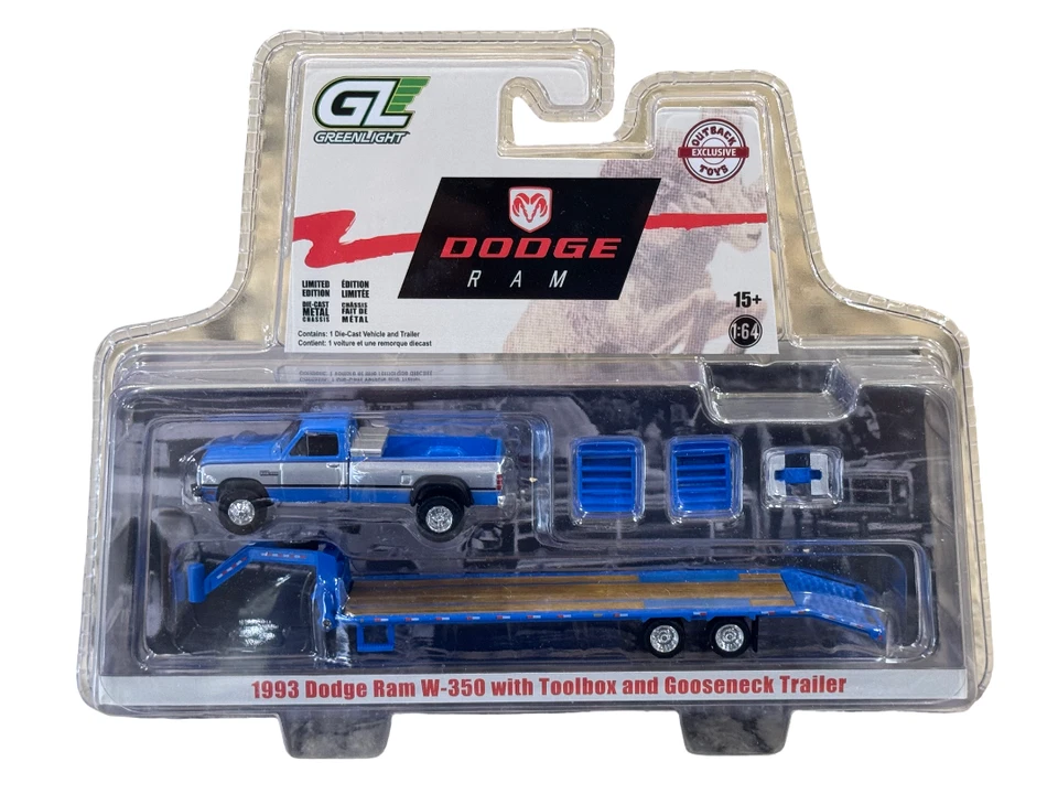 GREENLIGHT Outback 1993 Ram Dually Blue Silver Red Gooseneck Set 1/64 51663-B - image 1 of 1