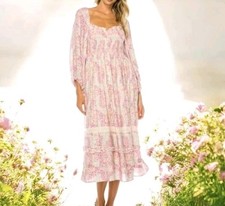 Penelope Rose Floral Long Dress Womens XL Pink Cream Ruffled Cottagecore Ditsy