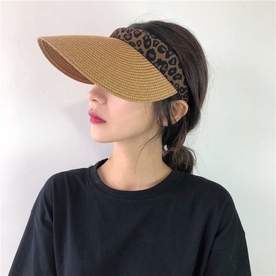 Womens Leopard Straw Visor Wide Brim UV Beach Sun Hat