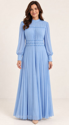 Mezzo Women s Size 12 Blue Chiffon Pleated High Neck Puff Sleeve Maxi Dress