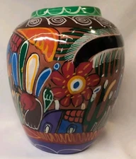 Hand Made Terracotta Vase Mexican Folk Art Tonala Vibrant & Cheerful Colors EUC
