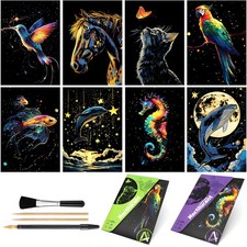 8 Sheet Glow in The Dark Scratch Art Rainbow Painting Paper  Engraving Craft...