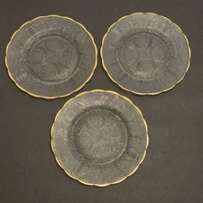 Set 3 1950's Jeanette Glass Harp 7" Salad Plates Scalloped Edge Gold Trim Lot