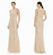 Mac Duggal Ieena Gown Dress 6 Gold Sequined High Bow Neck 11280 Formal Prom NEW