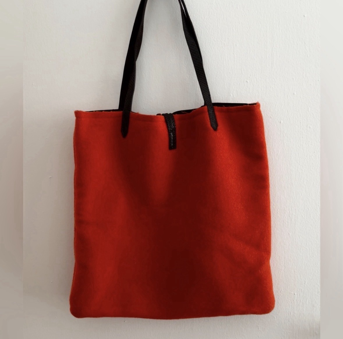 Orange Solid Tote Bag Toggle Accent Black Leather… - image 3