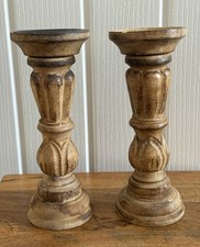 Vintage Rustic Wooden Carved Candle Stick Holder Pair India 8” *Please Read