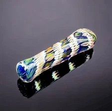 Thick Unique Chillum Glass Pipes, Blue With Gold Chillums