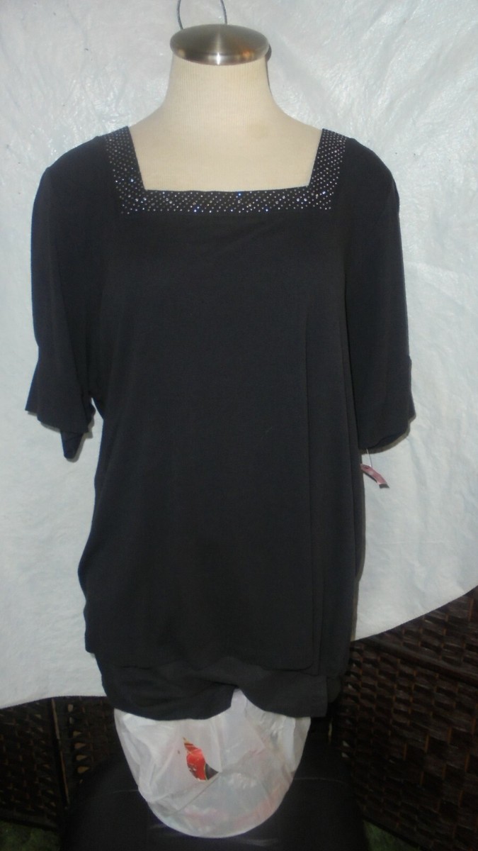 ZENA, BLACK KNIT TOP/ STUDS & CZ'S AROUND SQ. NECK SZ 22/24