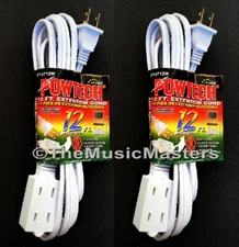2X Electric 12ft Extension Cord 3 Outlet 2 Prong Electrical AC Power Cable White