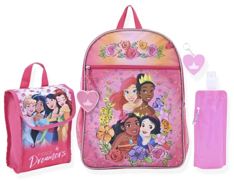 Disney Princess 5 Piece Backpack & Lunch Box Set, Pink