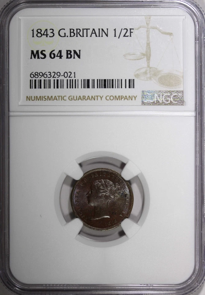 GREAT BRITAIN Victoria Copper 1843 1/2 Farthing NGC MS64 BN KM# 738 (021 - Image 2 of 4