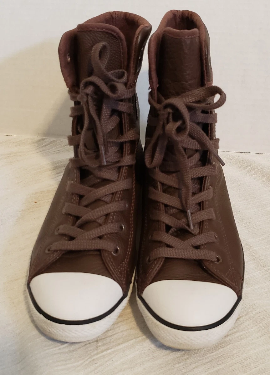 shilling Komedieserie bænk Converse All Star Chuck Taylor Brown Leather Slim High Tops - Size Womens  7.5 | eBay