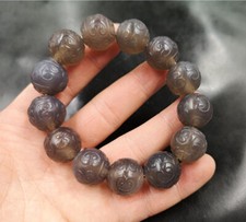 Natural Gray Chalcedony Agate Carve Flower Beads Stretchy Bangle Bracelet