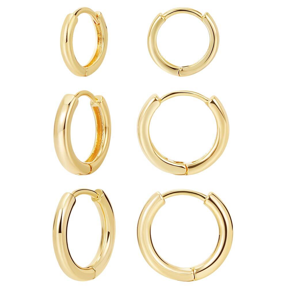3 pares de pequeños aros tipo huggie de oro de 14 quilates para mujer