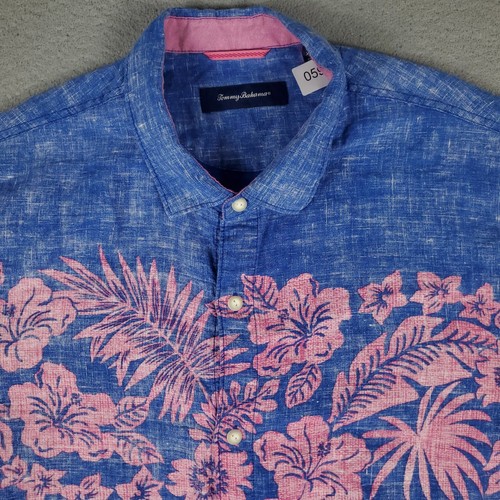 Camicia Tommy Bahama uomo 2XL blu rosa lino hawaiana con bottoni manica corta - Foto 2 di 8