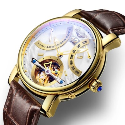 GUANQIN Tourbillon Mechanical Luxury Men's Watch Sapphire Day Date 5Bar  Leather
