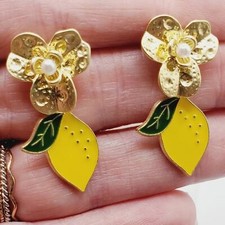 Handmade Lemon bloom enamel earrings gold